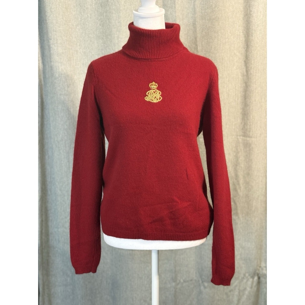 Ralph Lauren cashmere Angora sweater Women's  Small Red Turtleneck Gold Logo